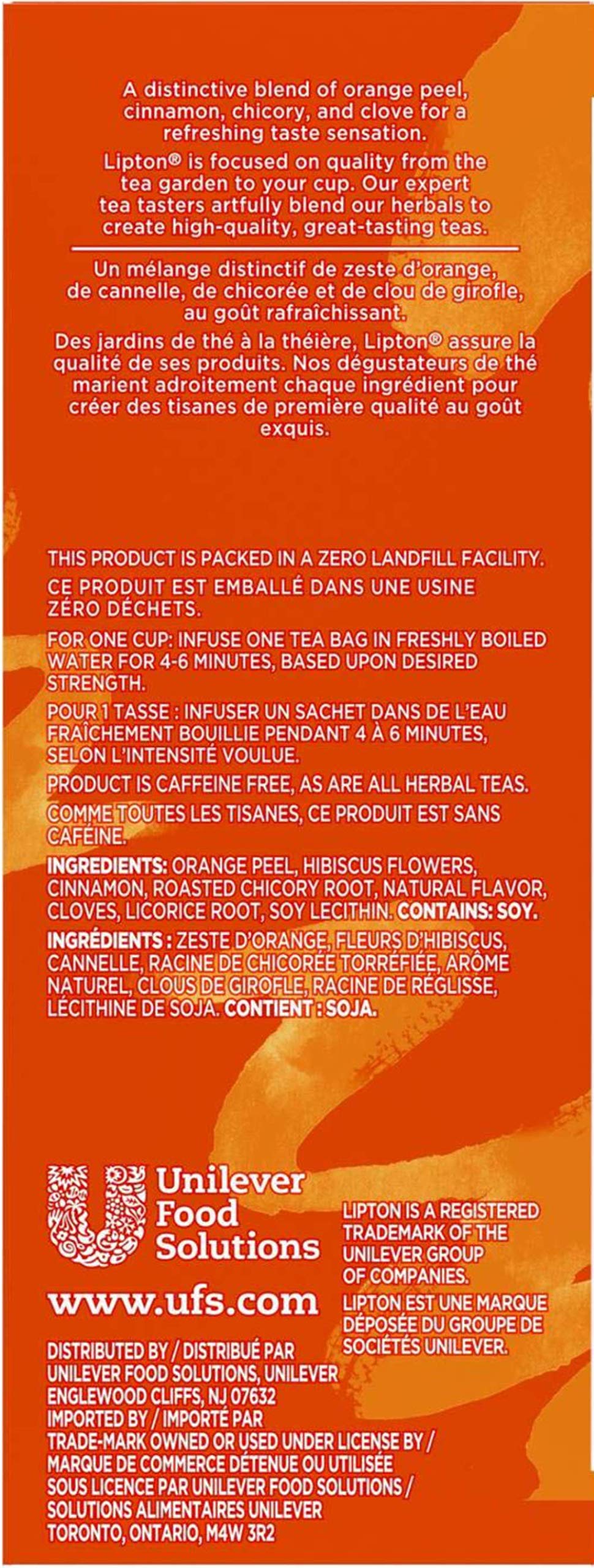 Lipton orange peel cinnamon chicory clove herbal blend emphasizes warm aromas and inviting flavor.