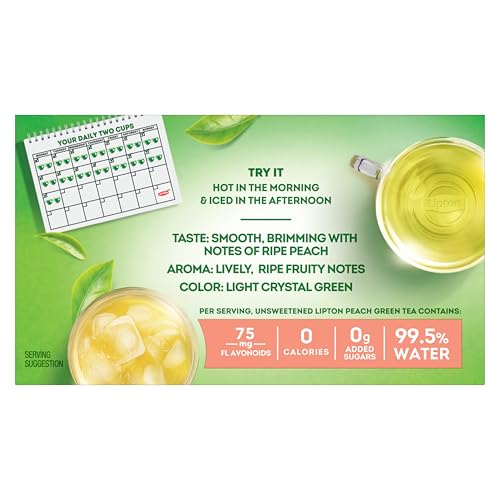 Lipton Peach Green Tea bags in a cup, hot brew with peachy aroma.