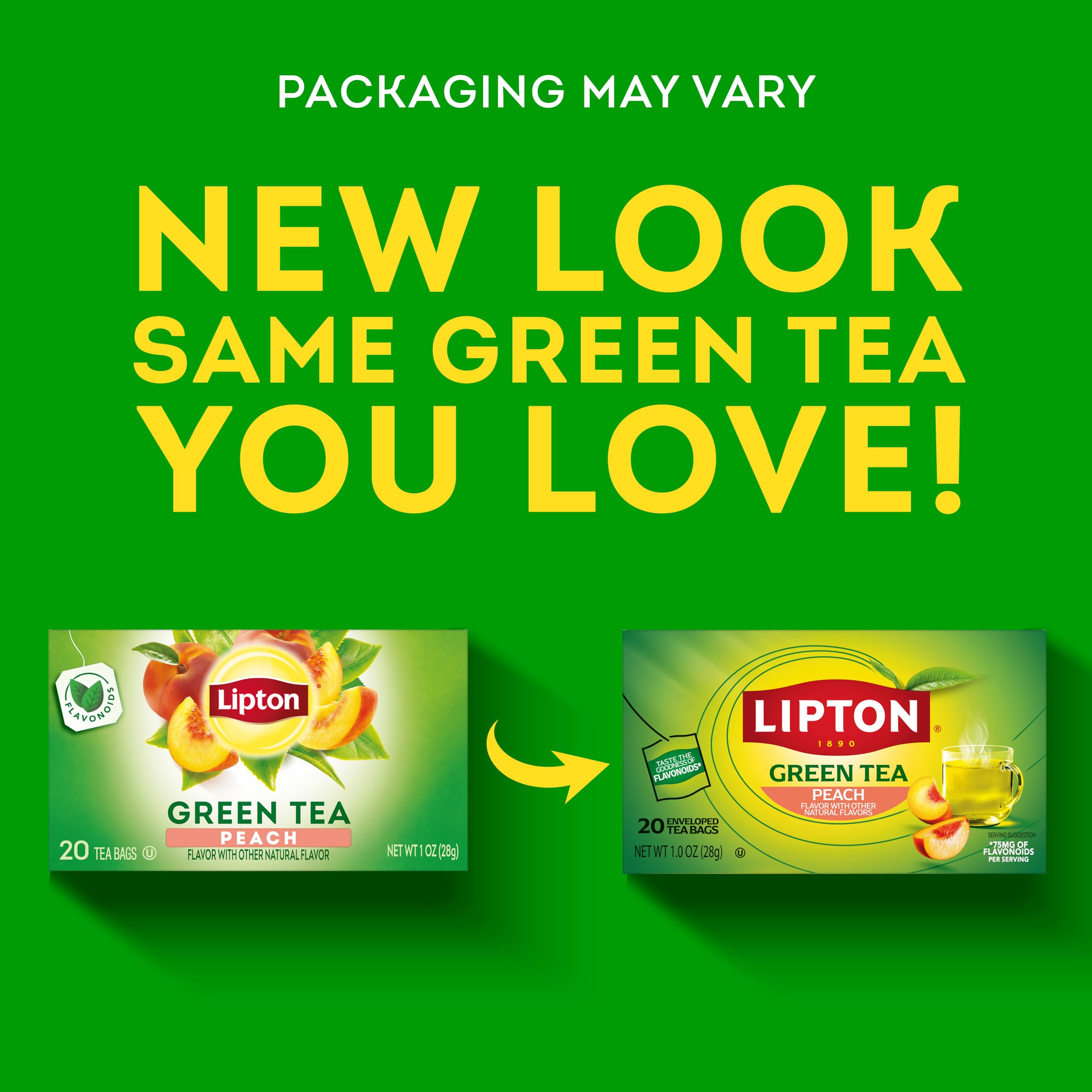 Lipton Peach Green Tea packaging emphasizing sustainability and eco-friendly packaging.