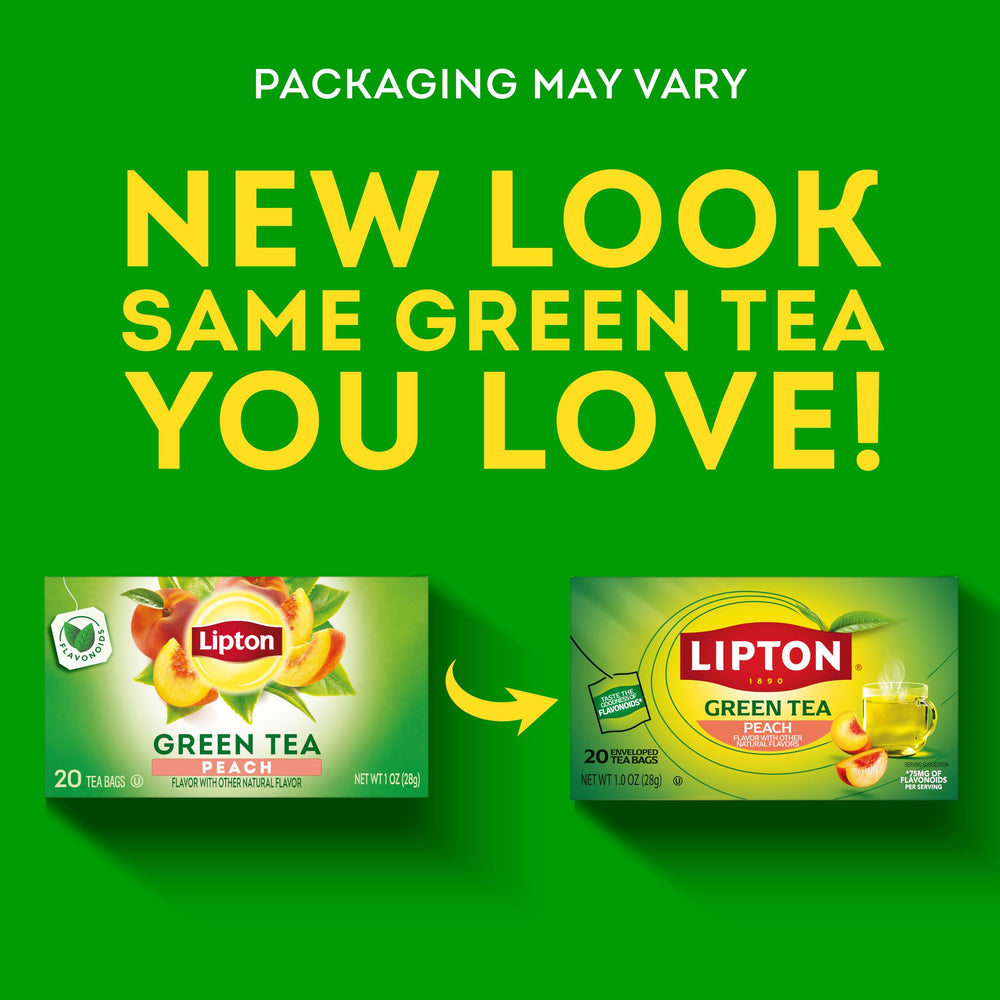 Lipton Peach Green Tea packaging emphasizing sustainability and eco-friendly packaging.