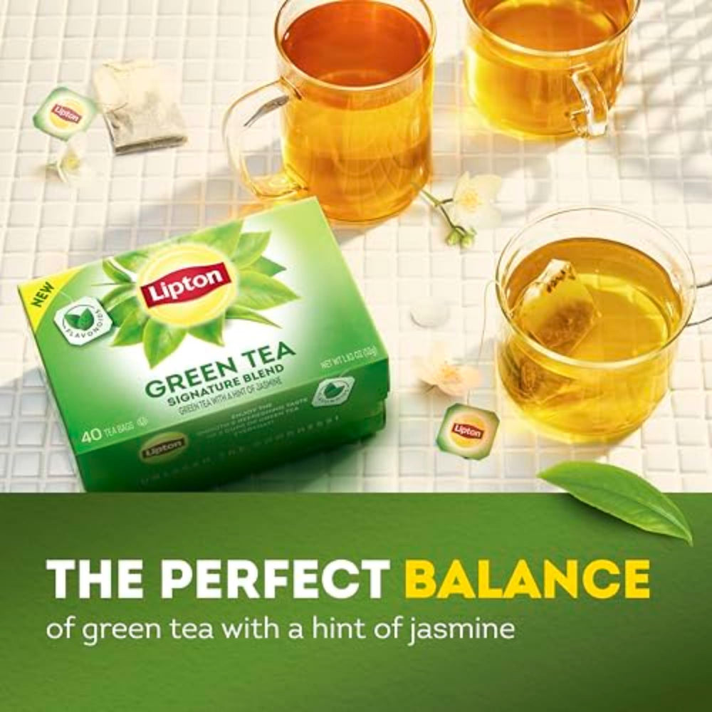 Rainforest Alliance logo beside Lipton green tea emphasizes responsible sourcing.