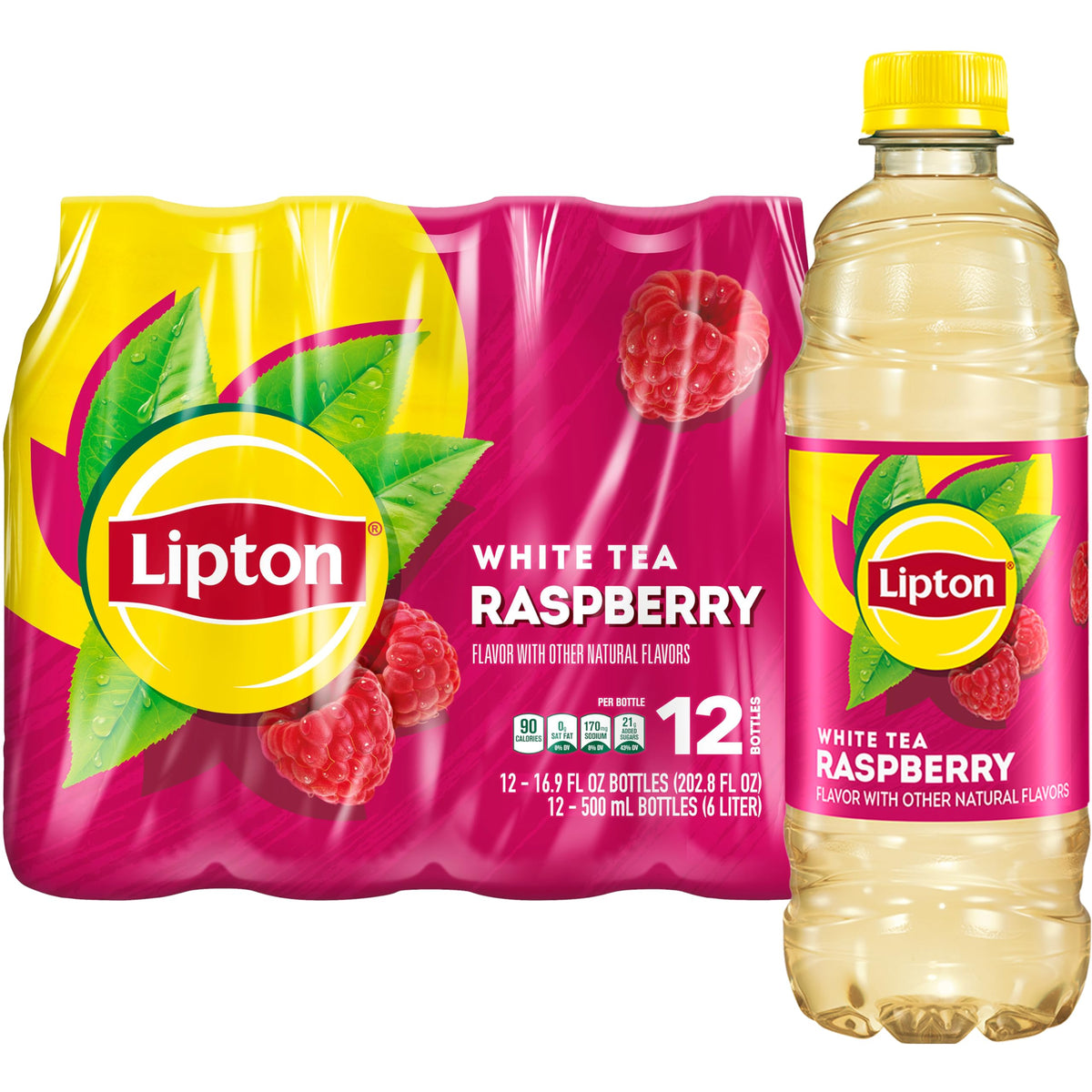Lipton Raspberry White Tea bottle front view, refreshing and inviting in bright packaging.
