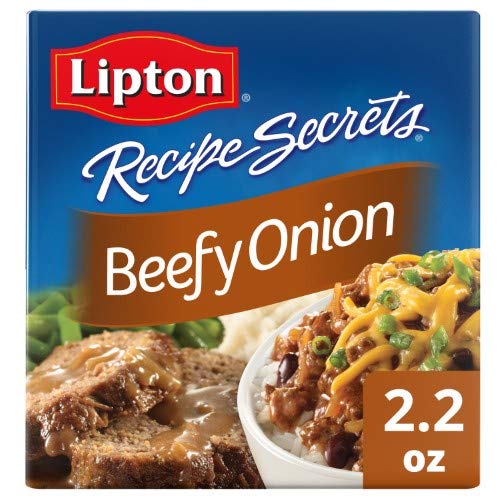 Lipton Recipe Secrets Beefy Onion box highlights convenient four-pack for quick flavorful meals