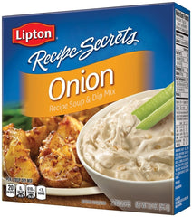 Lipton Recipe Secrets Onion Soup Mix bottle with a rich base for soups and dips.