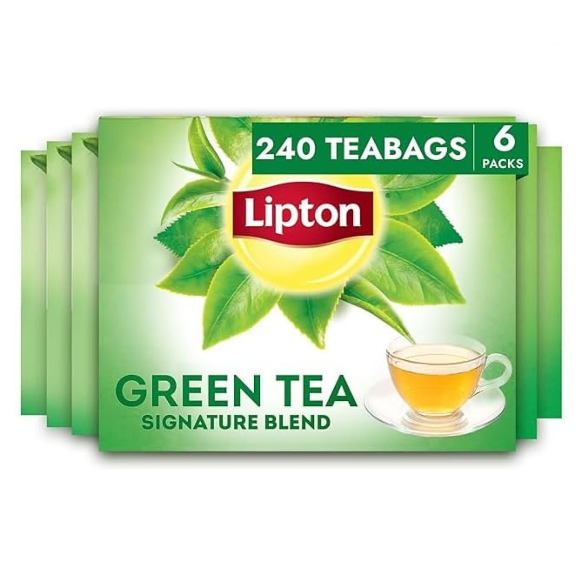 Lipton Signature Blend Green Tea Bags packaging highlights premium blend and eco-friendly design.