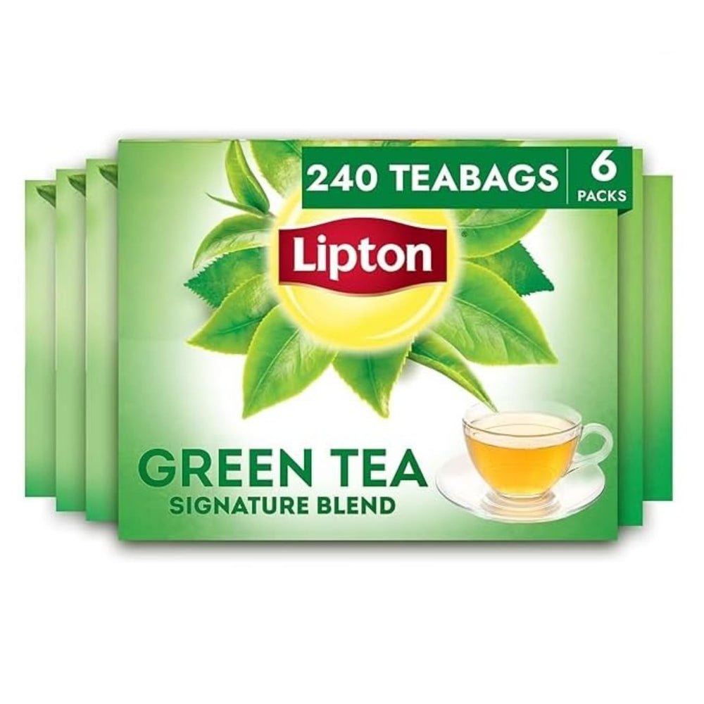 Lipton Signature Blend Green Tea Bags packaging highlights premium blend and eco-friendly design.