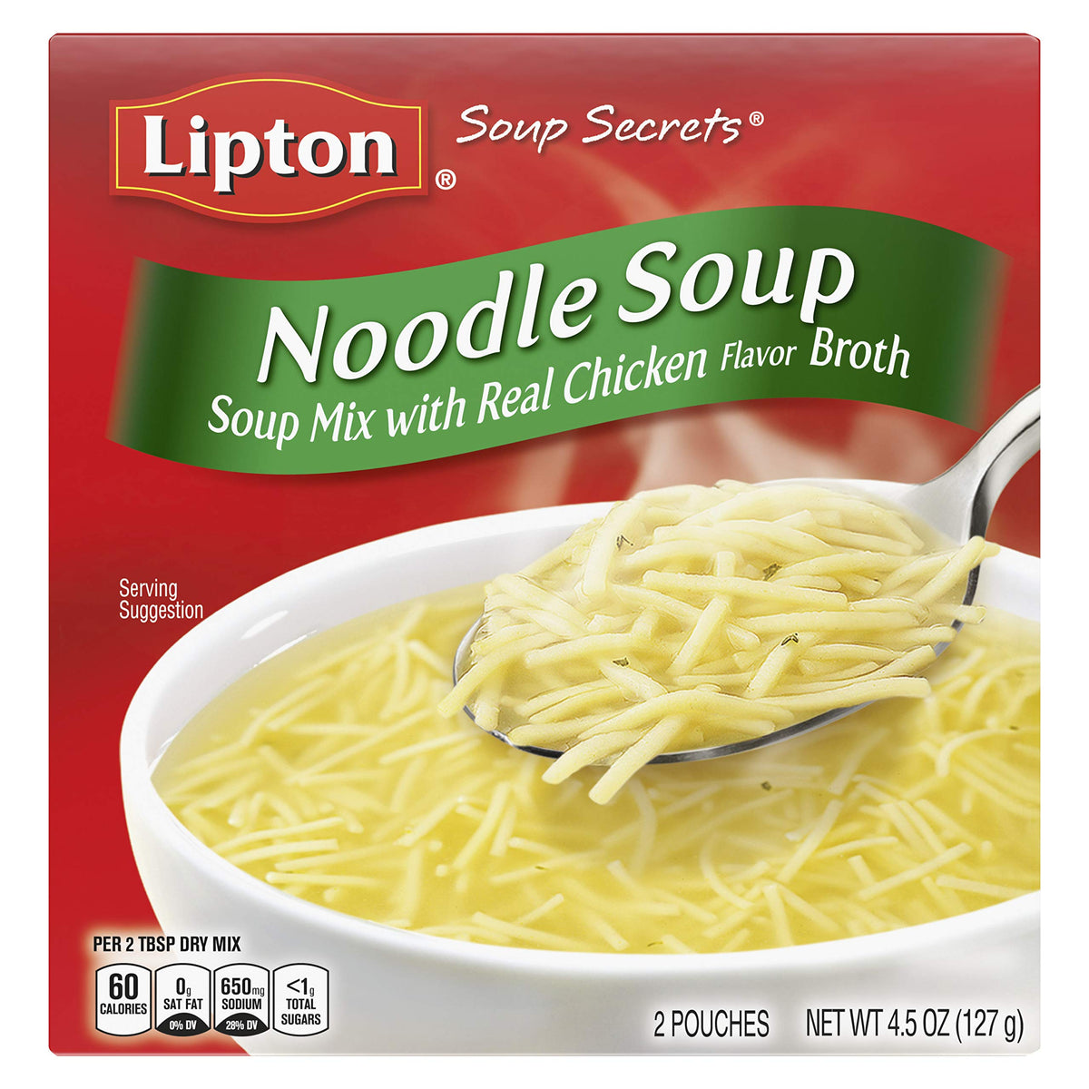 Lipton Soup Secrets noodle soup box front, quick meal option.