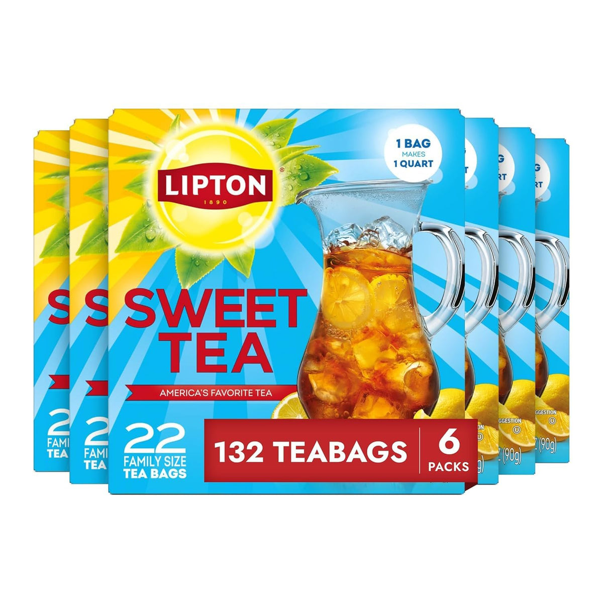 Lipton Southern Sweet Iced Tea bags pack6 on shelf, convenient for family gatherings.