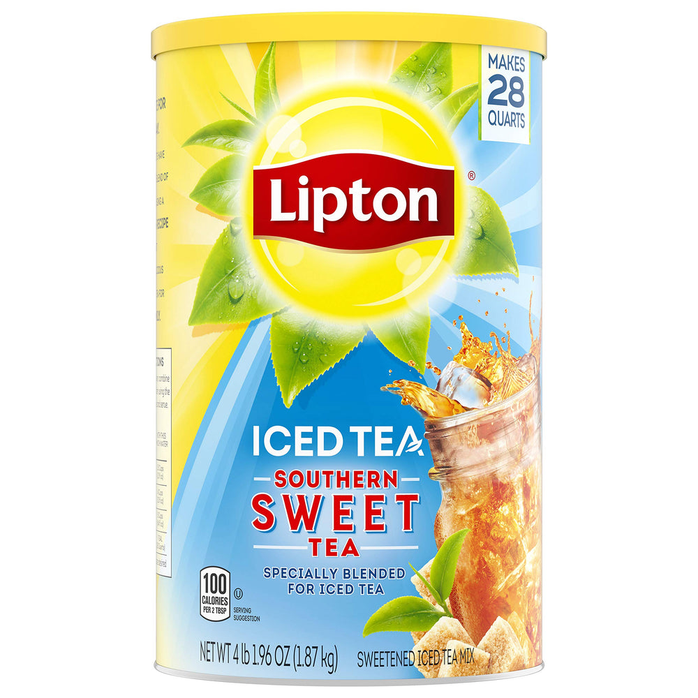 Lipton Southern Sweet Iced Tea Mix canister front, convenient for quick family gatherings