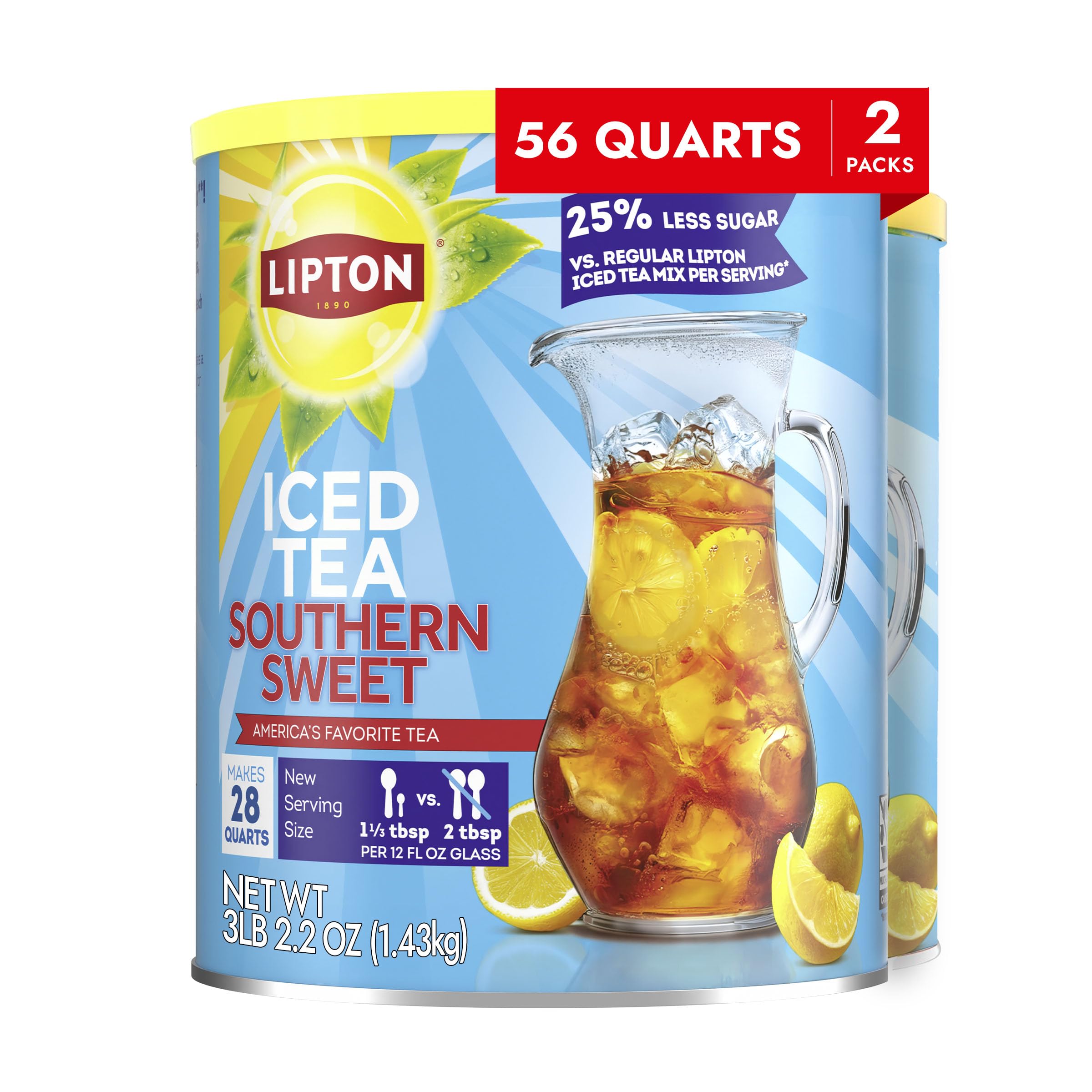 Lipton Southern Sweet Reduced Sugar Iced Tea Mix canister ready for quick lemon tea