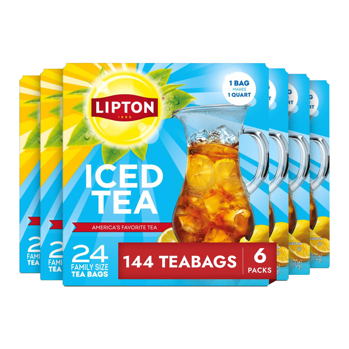 Lipton Unsweetened Iced Tea Bags pitcher brew shows crisp, refreshing family-size serving.