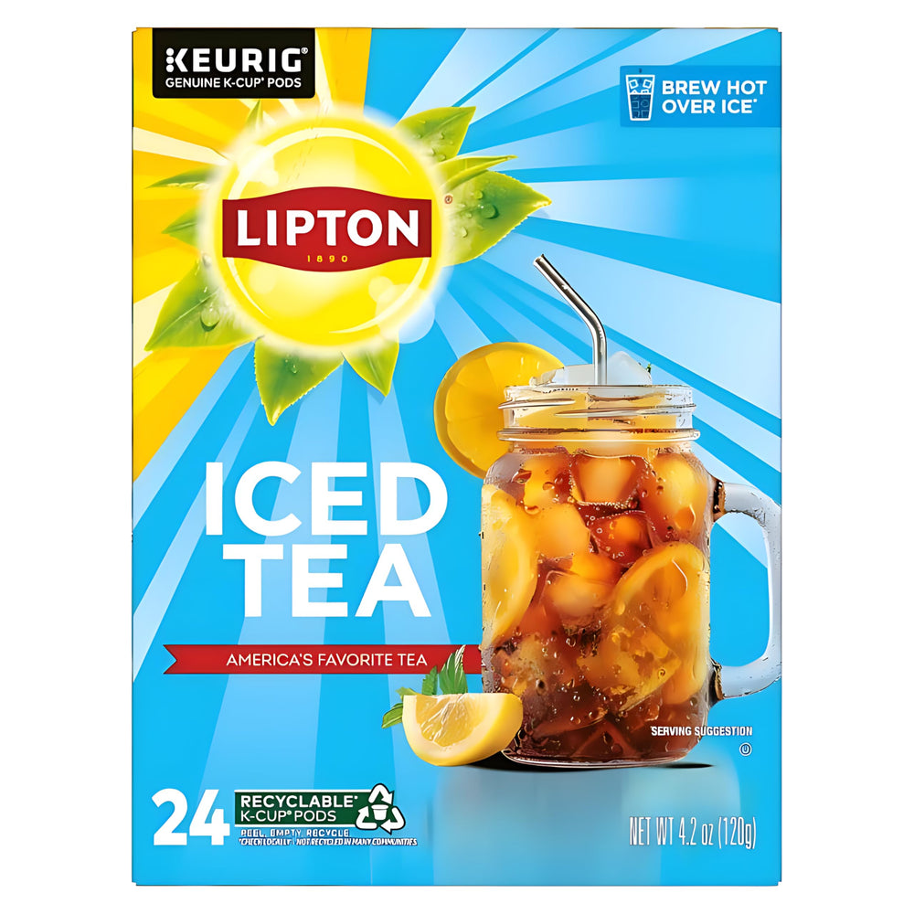 Lipton unsweetened iced tea K-Cups 24-pack packaging on pantry shelf