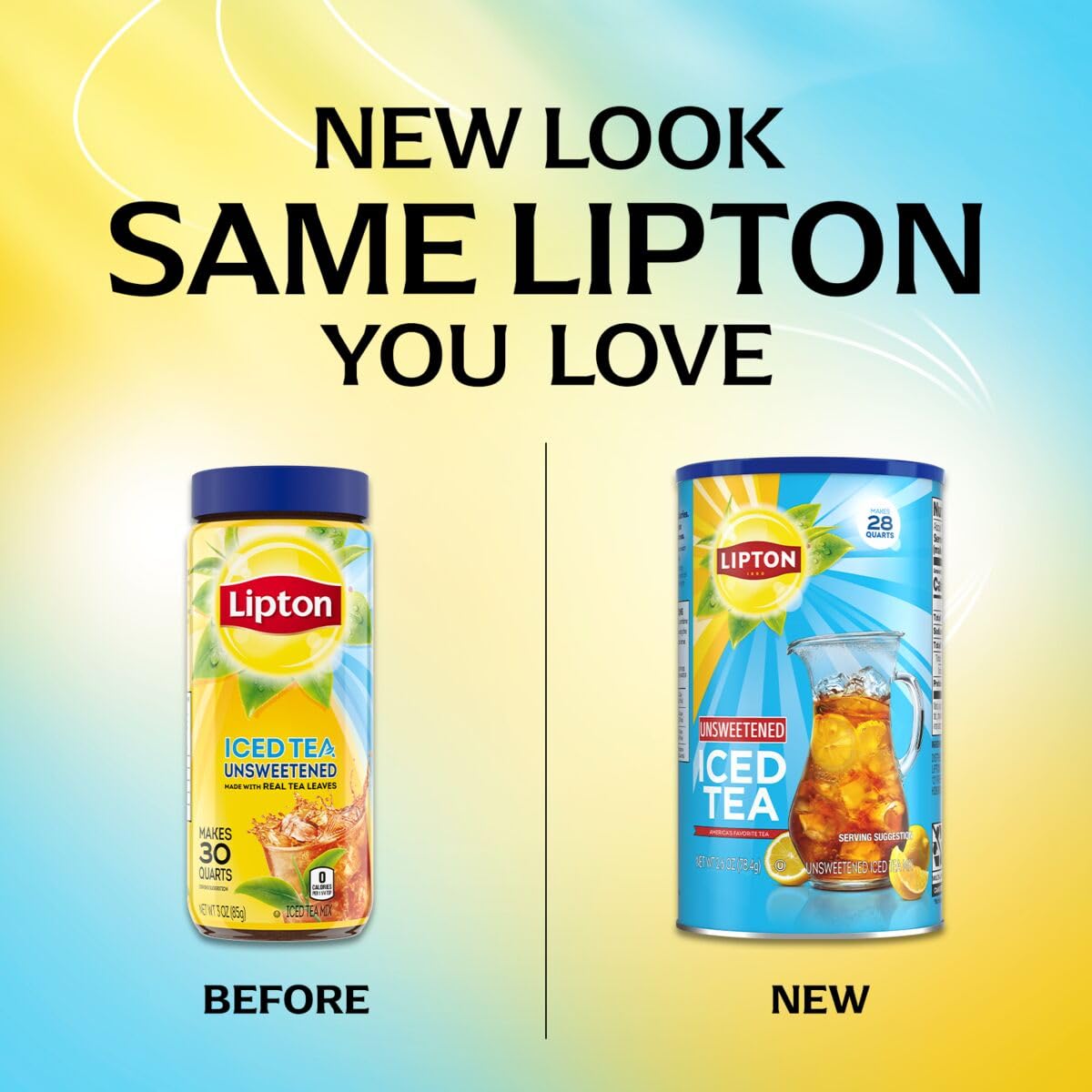 Lipton unsweetened iced tea mix canister with label, ready for 28 quarts.