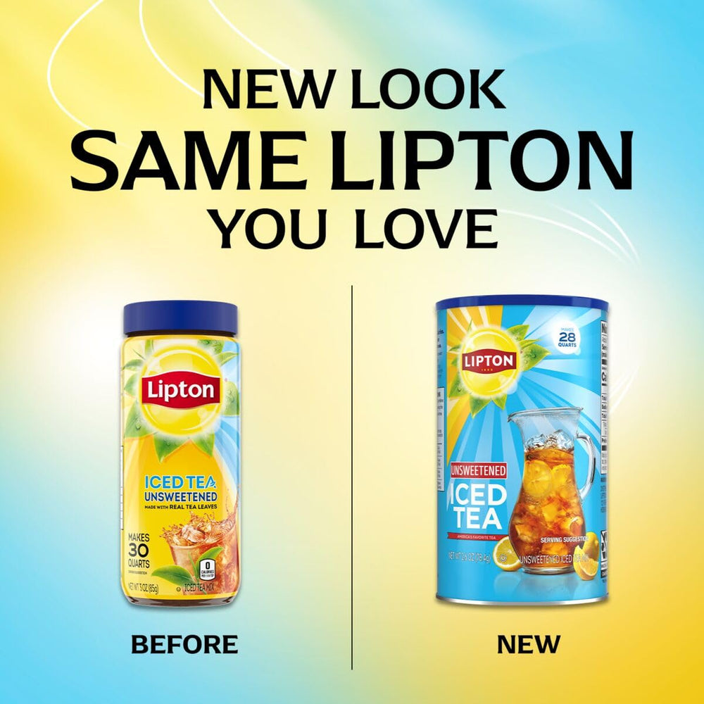 Lipton unsweetened iced tea mix canister with label, ready for 28 quarts.