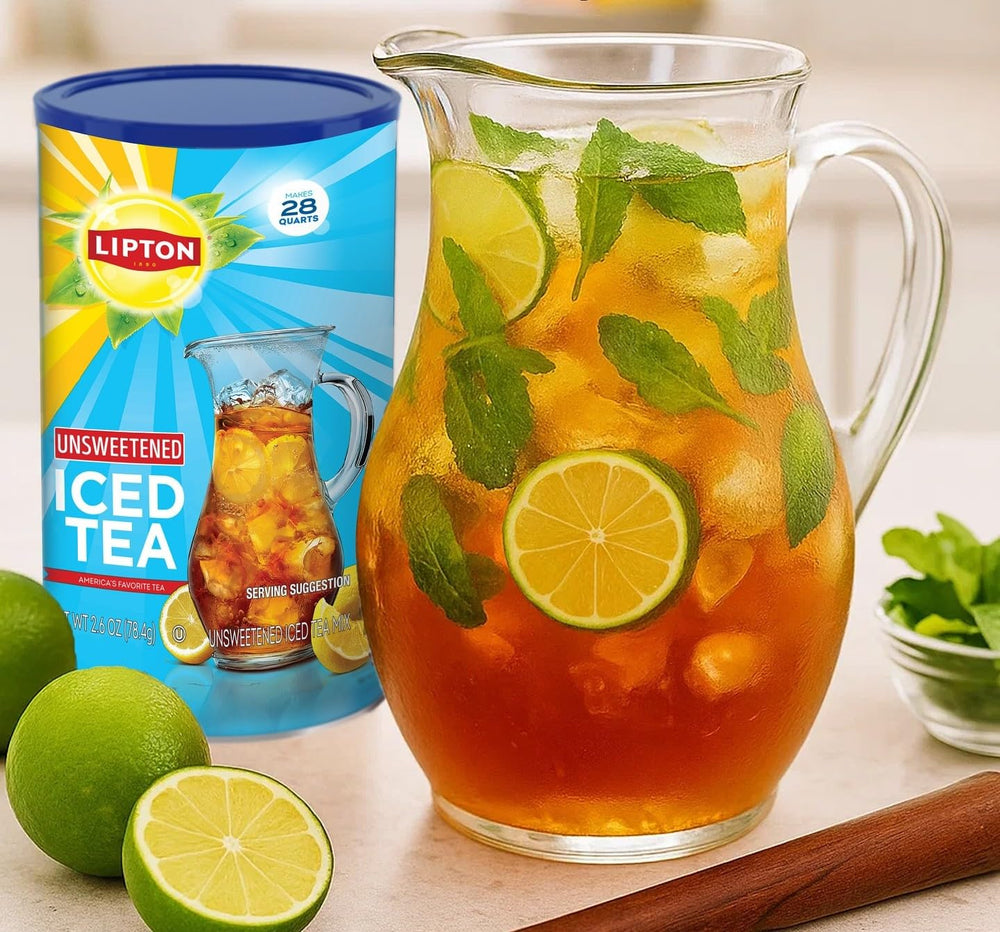 Pitcher of Lipton unsweetened iced tea for family meals