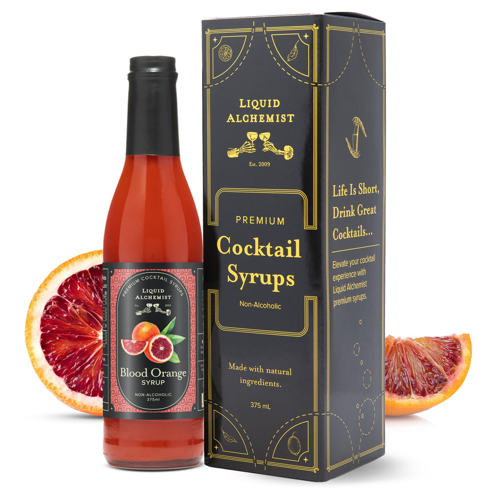 Liquid Alchemist Blood Orange Syrup bottle for vibrant cocktails.
