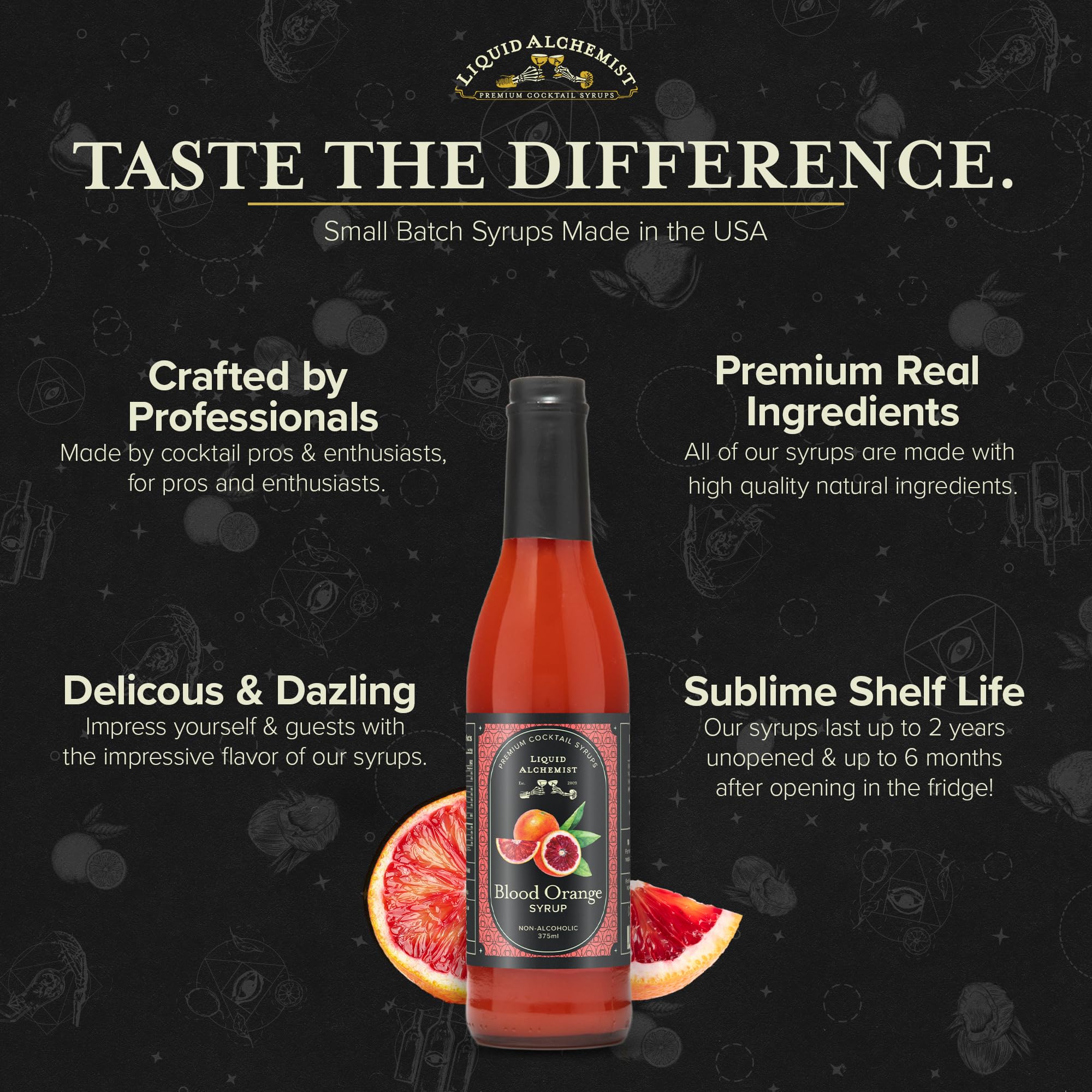 Liquid Alchemist Blood Orange Syrup elevates tea and mocktails with zest.