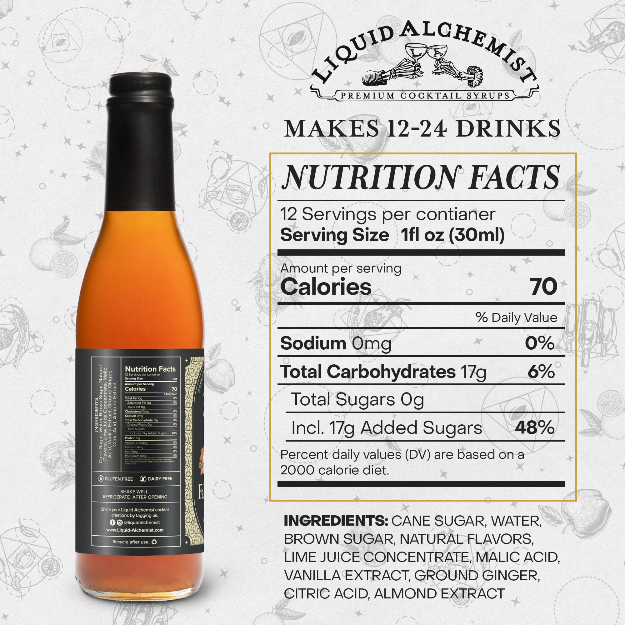 Ingredient close-up shows spices and citrus in Liquid Alchemist Falernum Syrup