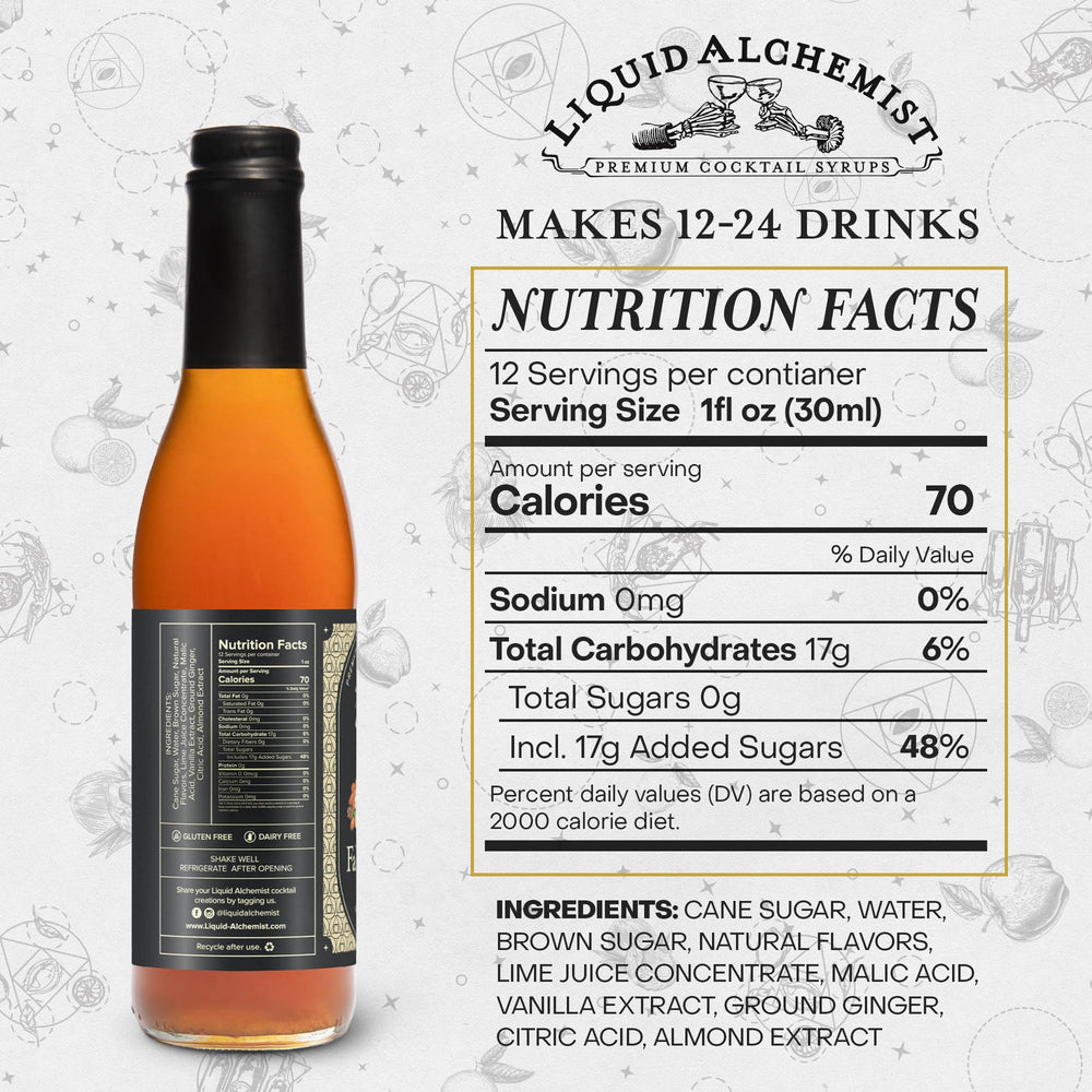 Ingredient close-up shows spices and citrus in Liquid Alchemist Falernum Syrup
