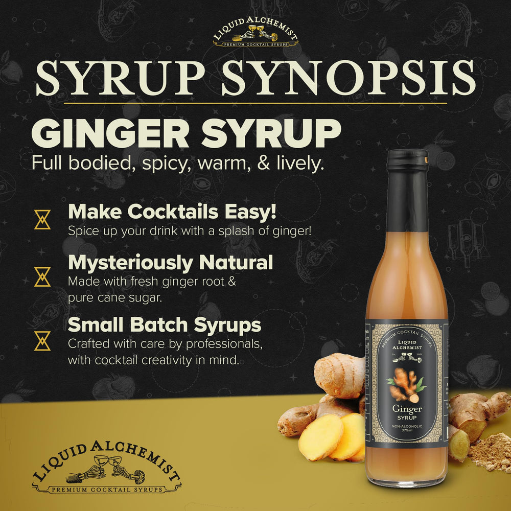 Liquid Alchemist Ginger Syrup label close-up showing organic ginger and cane sugar.