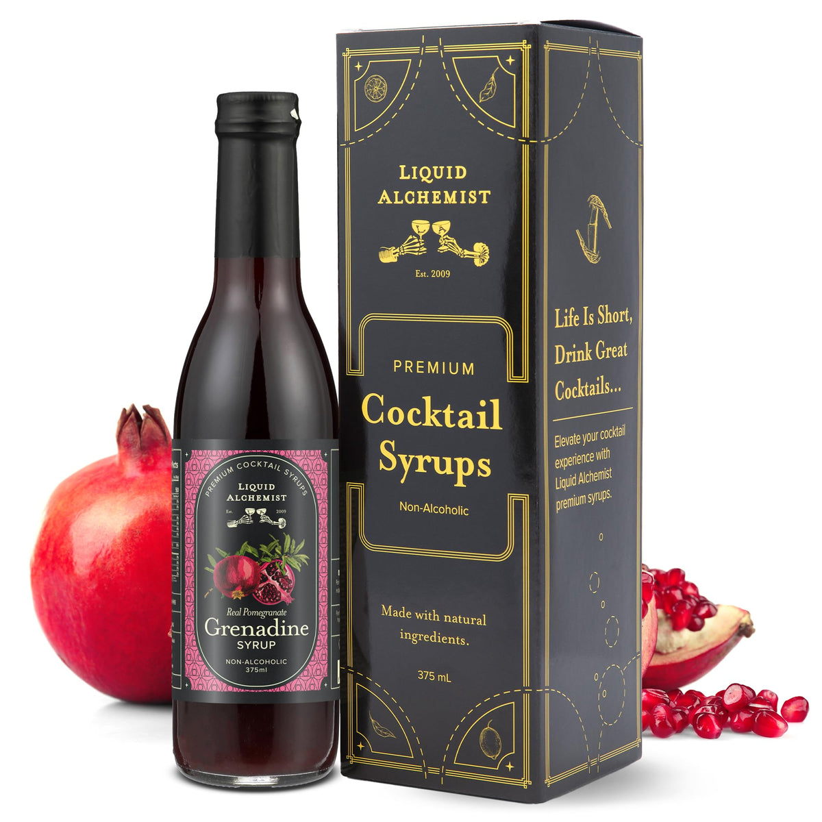 Liquid Alchemist Grenadine bottle pouring for cocktails, highlighting real pomegranate flavor
