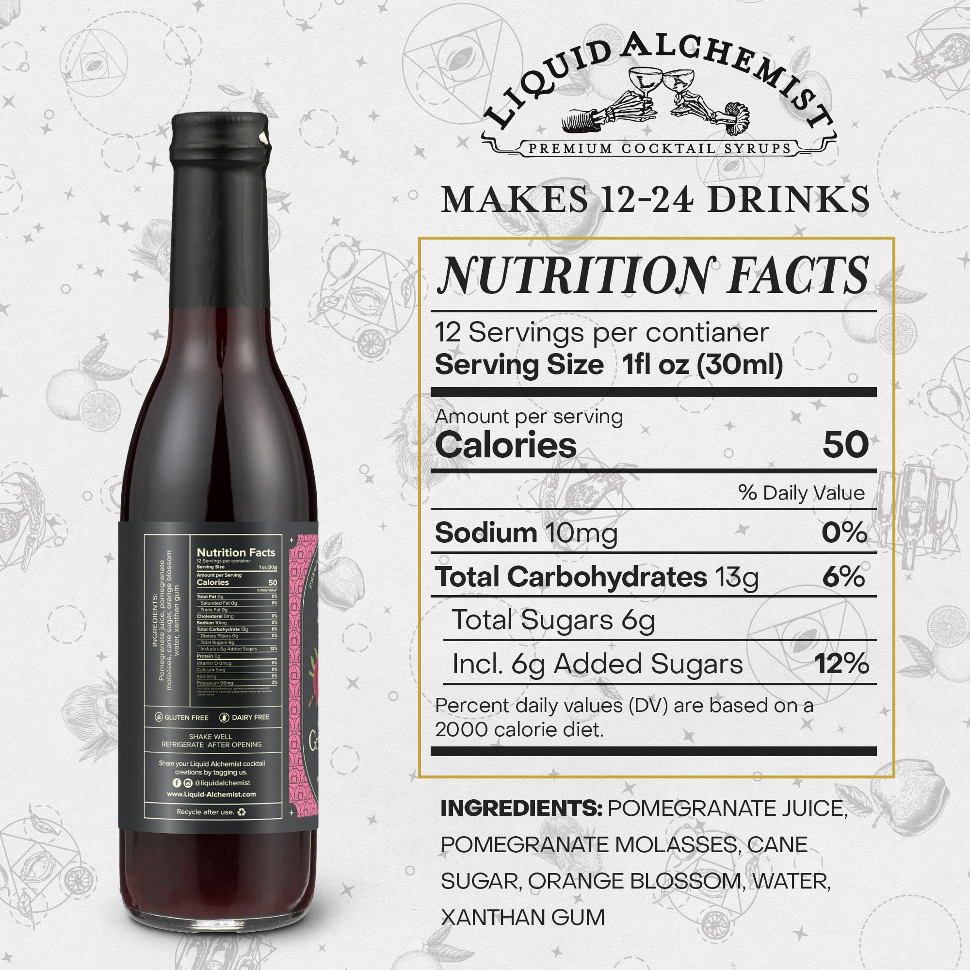 Liquid Alchemist grenadine ingredients closeup with fresh pomegranate and cane sugar