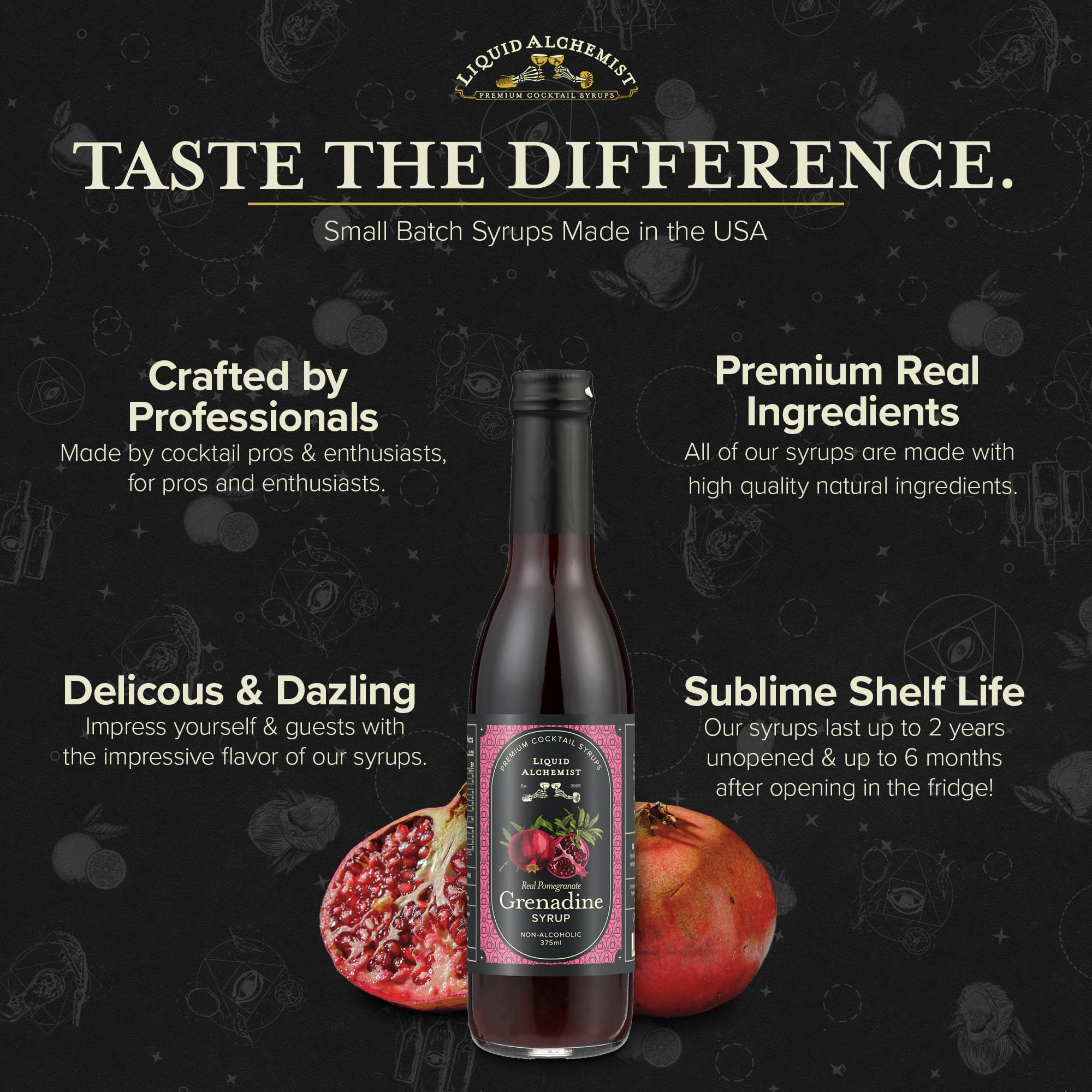 Liquid Alchemist grenadine bottle on shelf showing long shelf life