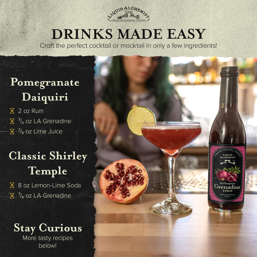 Liquid Alchemist grenadine in a Shirley Temple mocktail for family-friendly drinks