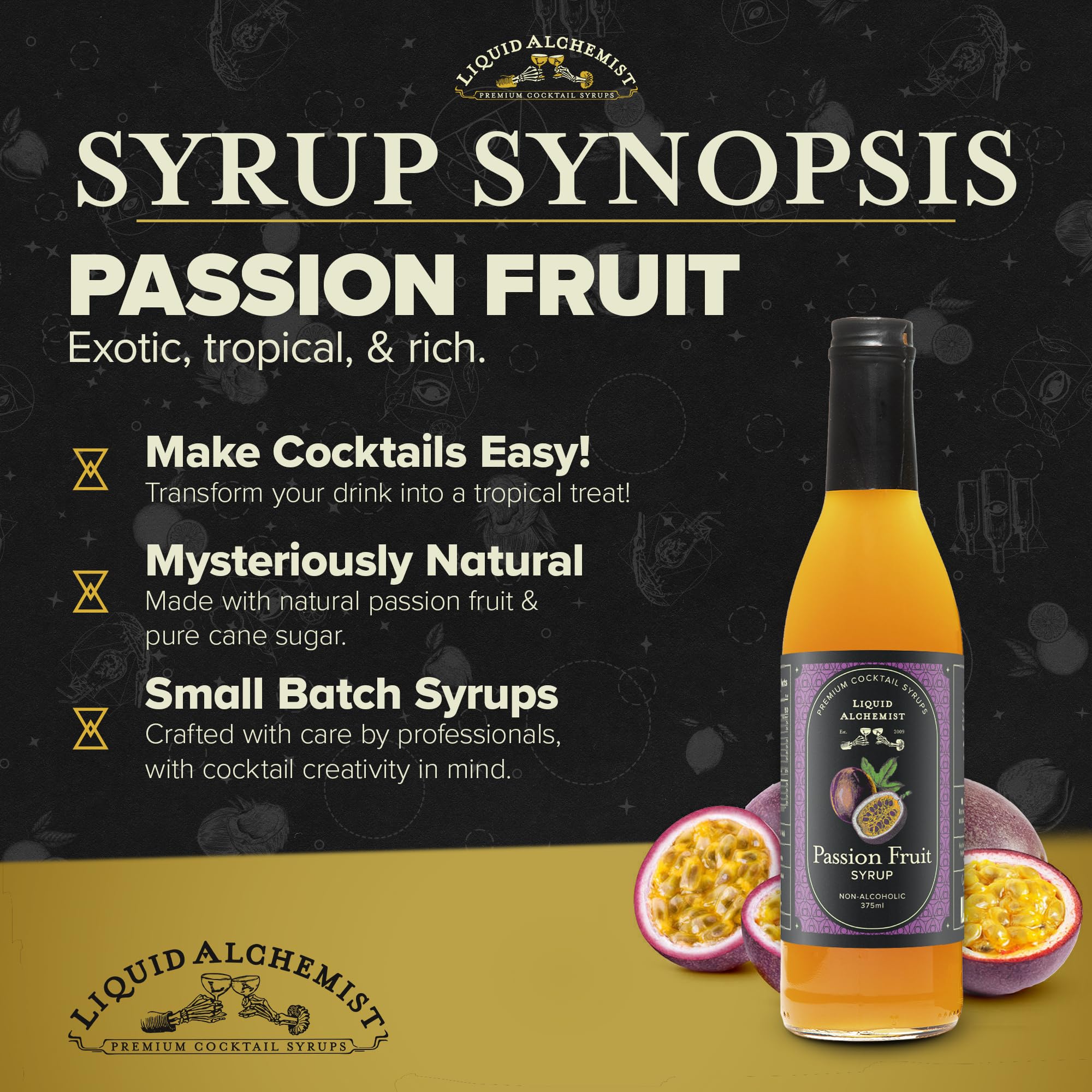 Close-up of fresh passion fruit, citrus zest, and cane sugar in the syrup.