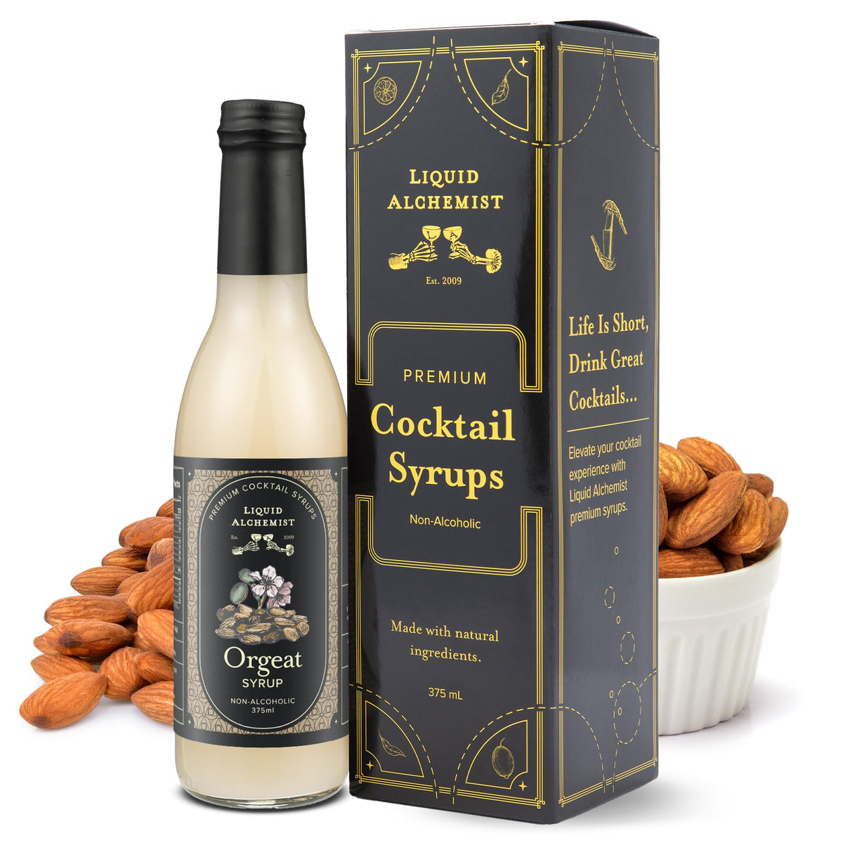 Liquid Alchemist orgeat syrup bottle pour for cocktails.