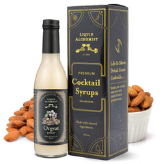 Liquid Alchemist orgeat syrup bottle pour for cocktails.