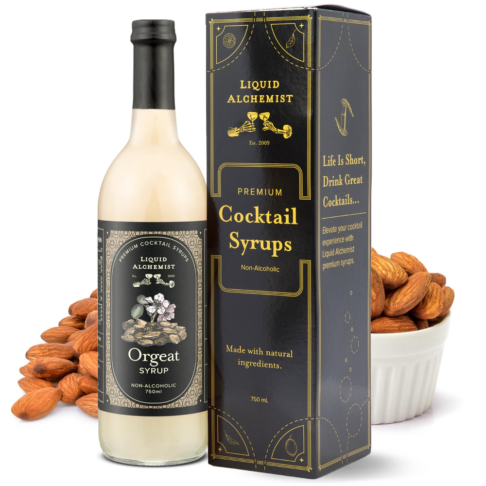 Liquid Alchemist orgeat syrup bottle on bar, ideal base for cocktails