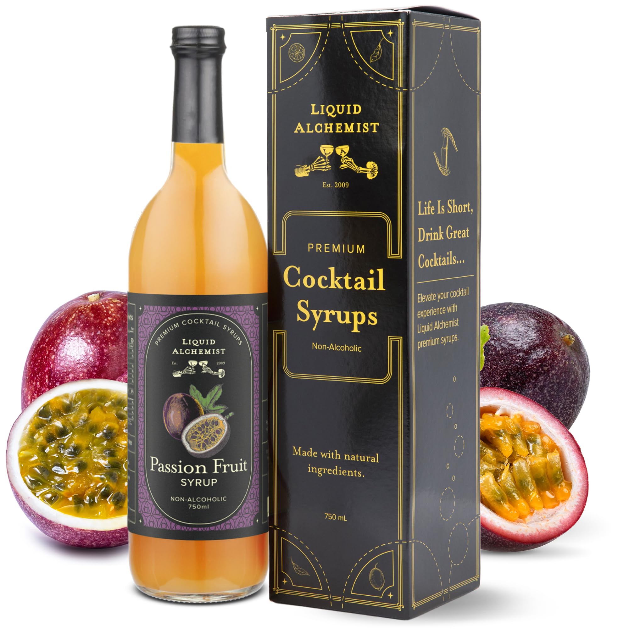 Liquid Alchemist Passion Fruit Syrup bottle, showcasing real ingredients for vibrant cocktails.
