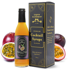 Liquid Alchemist Passion Fruit Syrup bottle on a bar shelf, premium ingredients showcased.