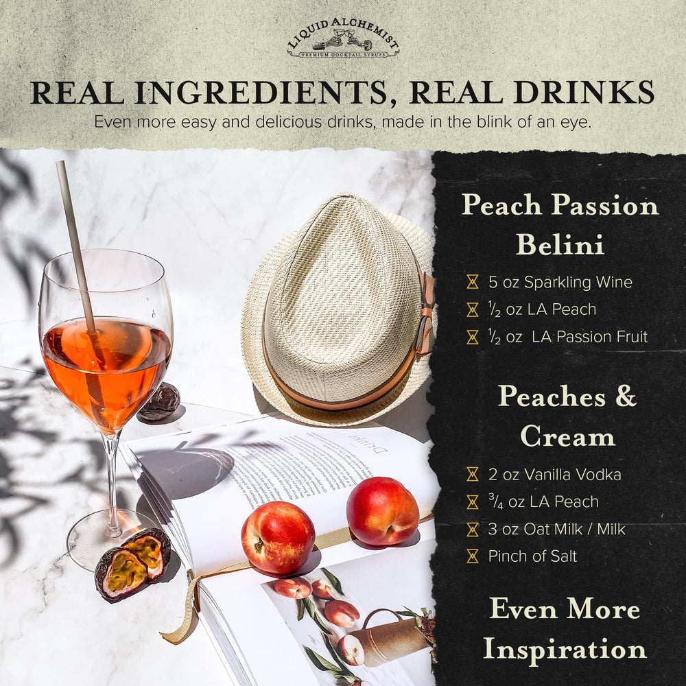 Bellini being prepared with peach syrup and sparkling wine.