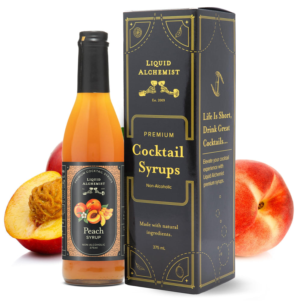 Liquid Alchemist Peach Syrup bottle front shows real peach puree for fresh cocktail flavor.
