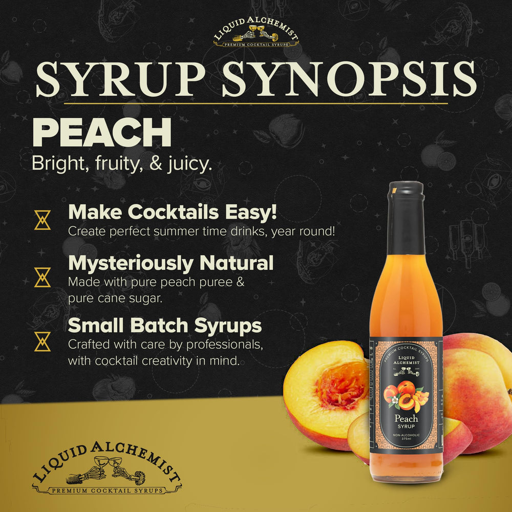 Close-up of real peach puree and cane sugar in Liquid Alchemist syrup.
