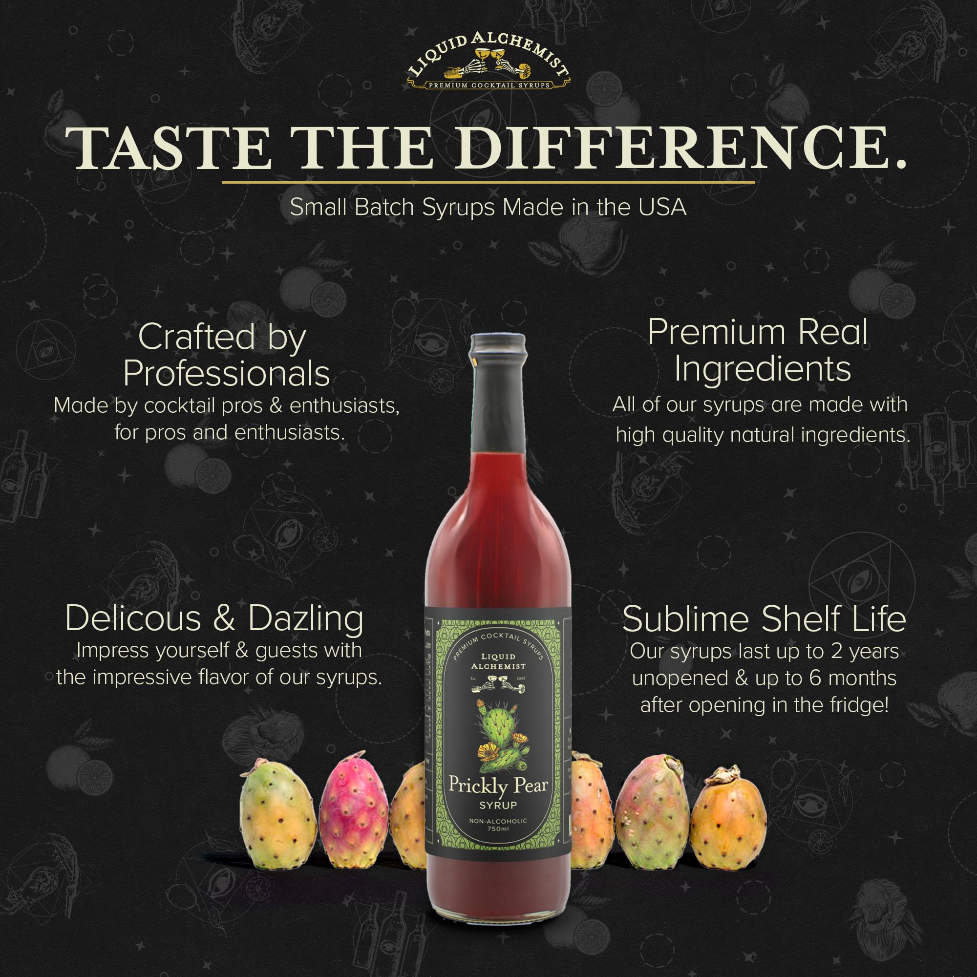 Liquid Alchemist Prickly Pear Syrup bottle on ice with bubbles