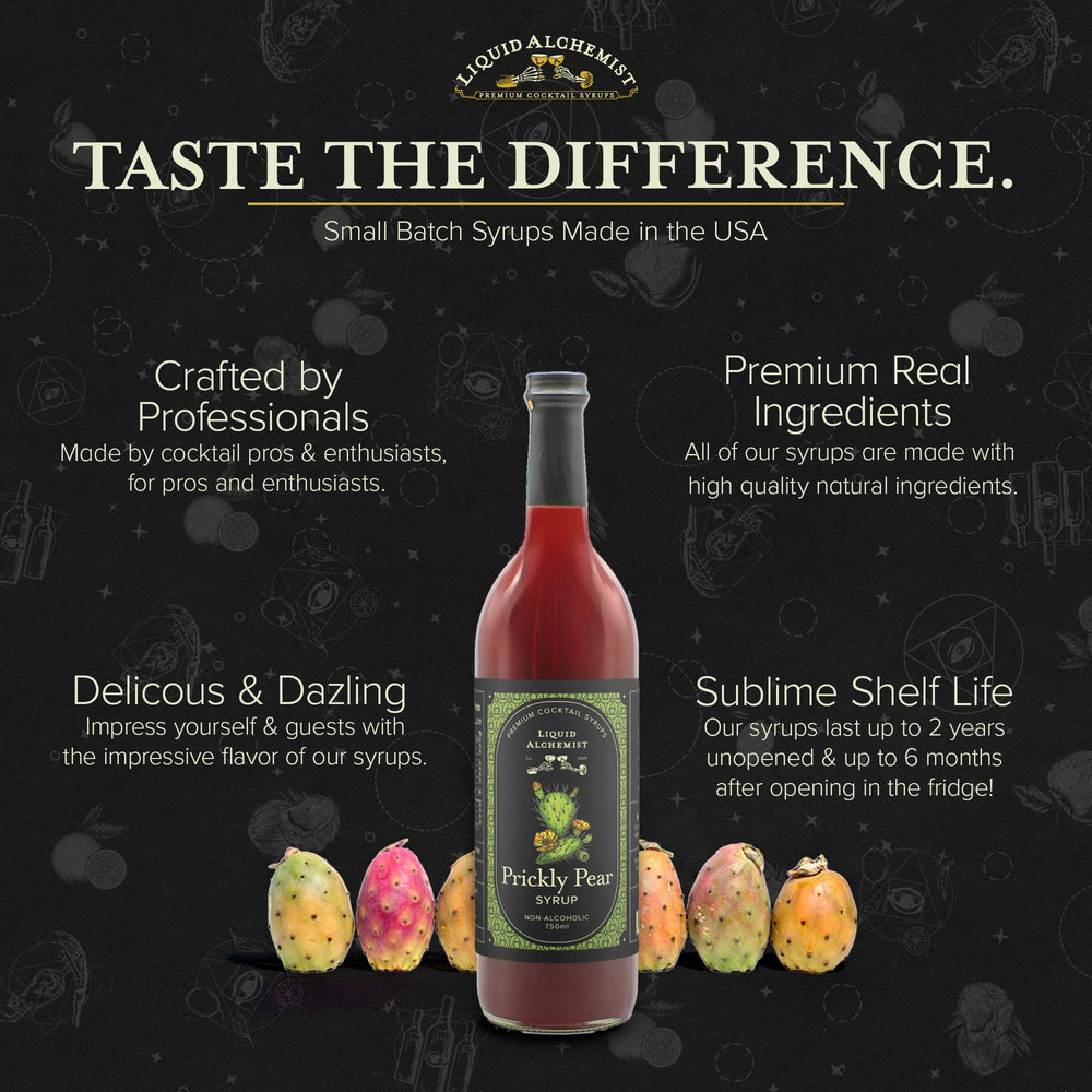 Liquid Alchemist Prickly Pear Syrup bottle on ice with bubbles