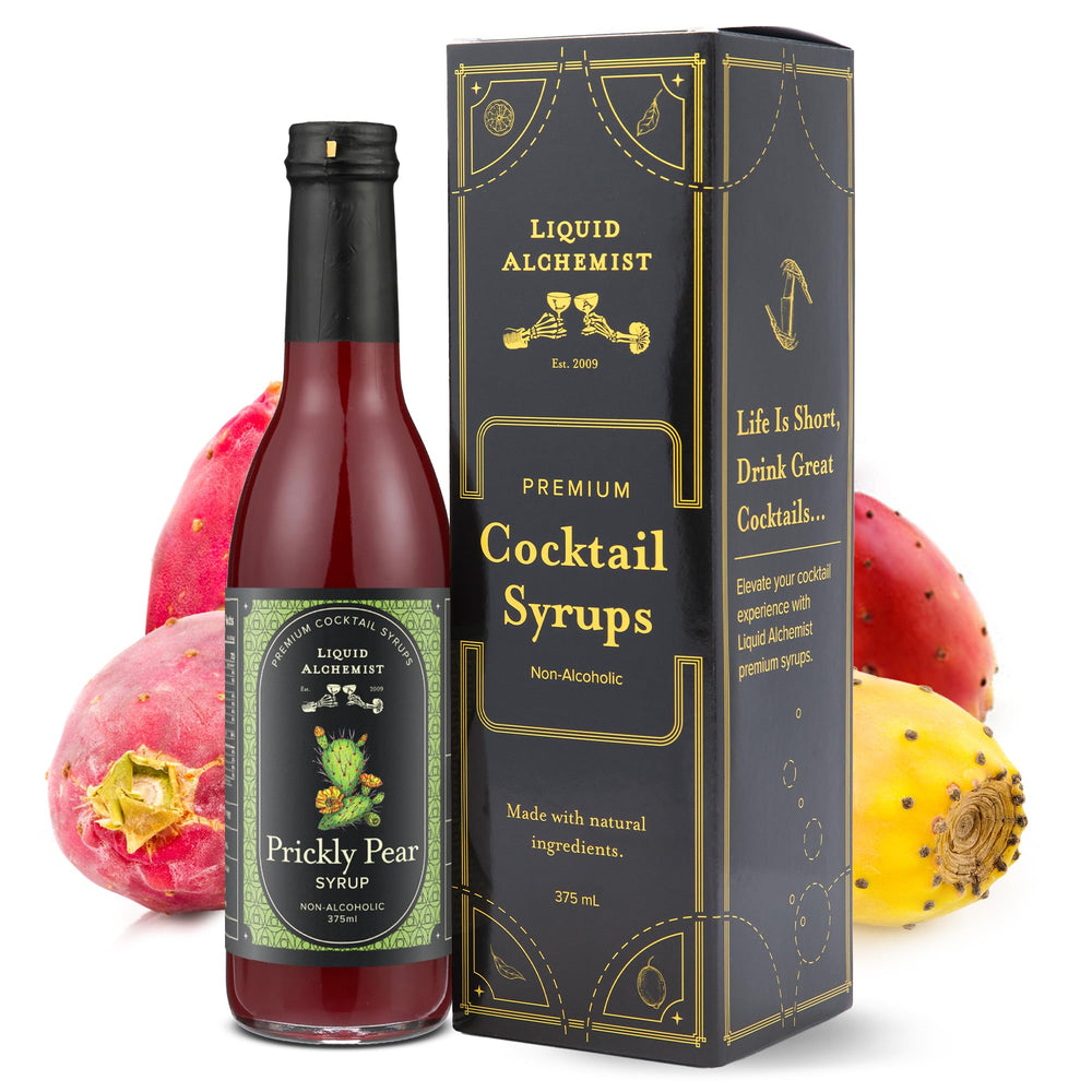 Liquid Alchemist prickly pear syrup bottle for crafted cocktails.