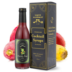 Liquid Alchemist prickly pear syrup bottle for crafted cocktails.