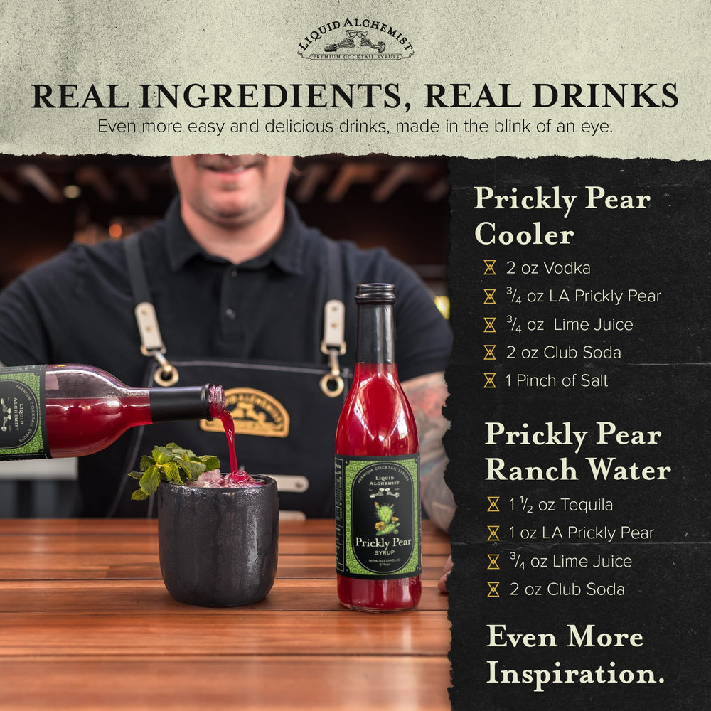 Liquid Alchemist Prickly Pear Syrup beside a cocktail shaker