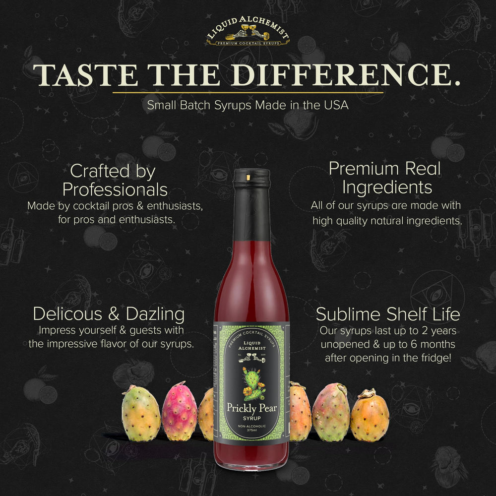 Liquid Alchemist prickly pear syrup ingredients and vegan recipe notes.