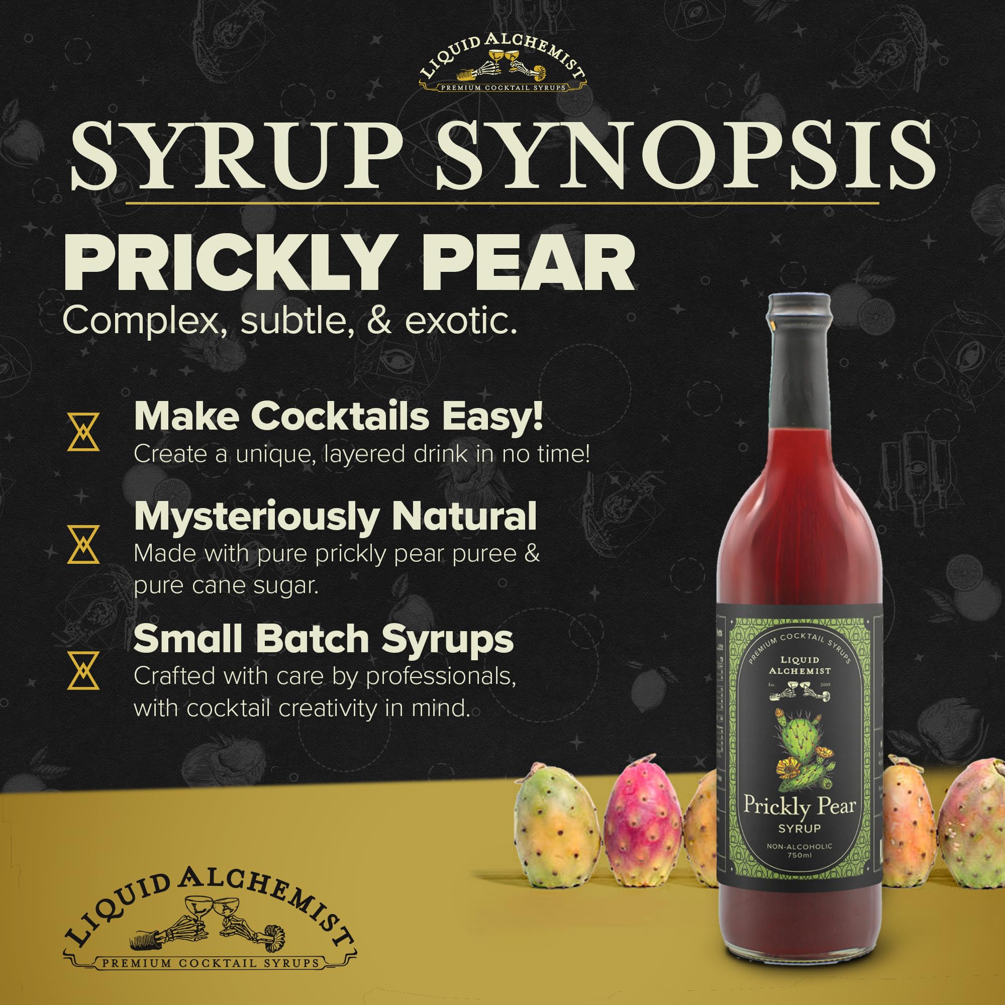 Liquid Alchemist Prickly Pear Syrup label close-up shows vegan, non-GMO ingredients