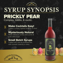 Liquid Alchemist Prickly Pear Syrup label close-up shows vegan, non-GMO ingredients