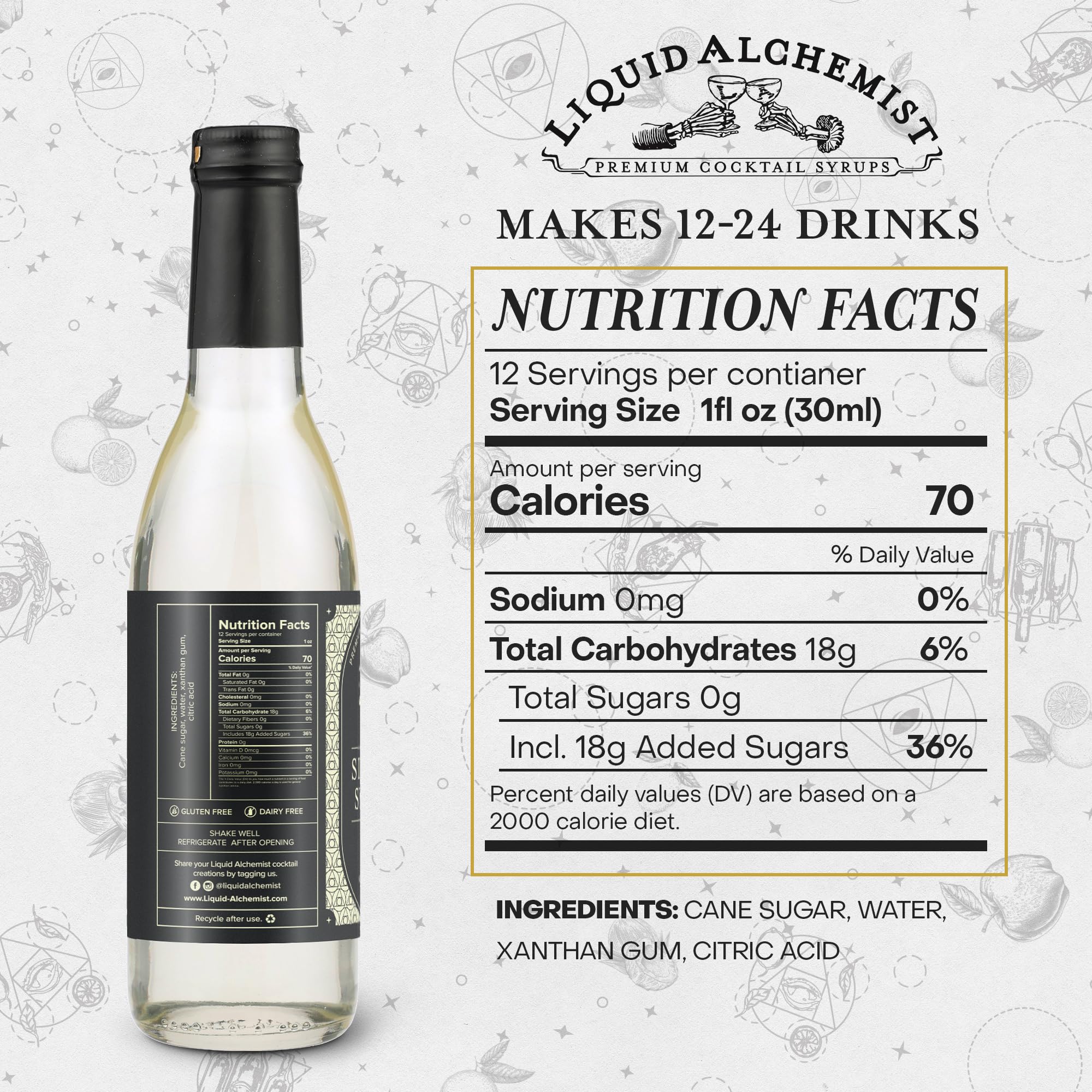 Liquid Alchemist Simple Syrup bottle back shows ingredients clearly