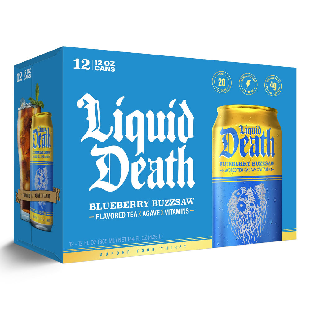 Liquid Death 12-pack on shelf offering convenient multi-pack