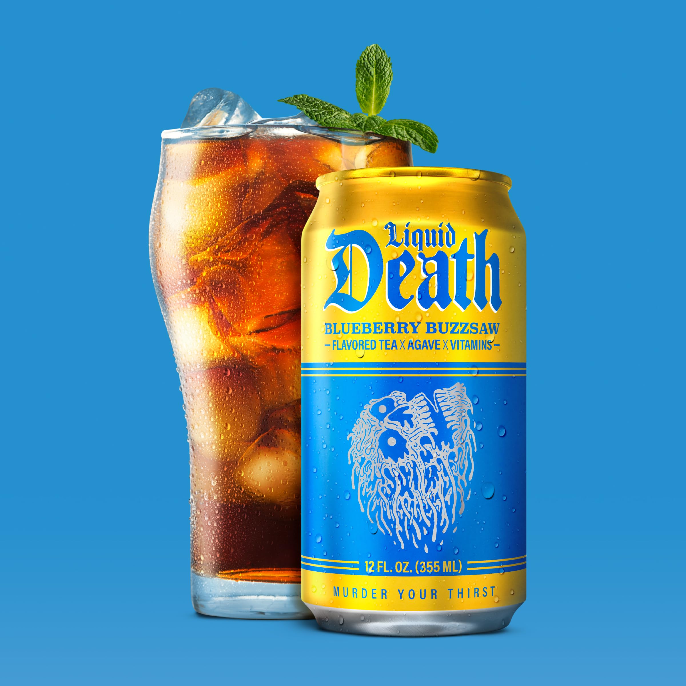 Liquid Death Blueberry Buzzsaw can art highlighting flavor notes