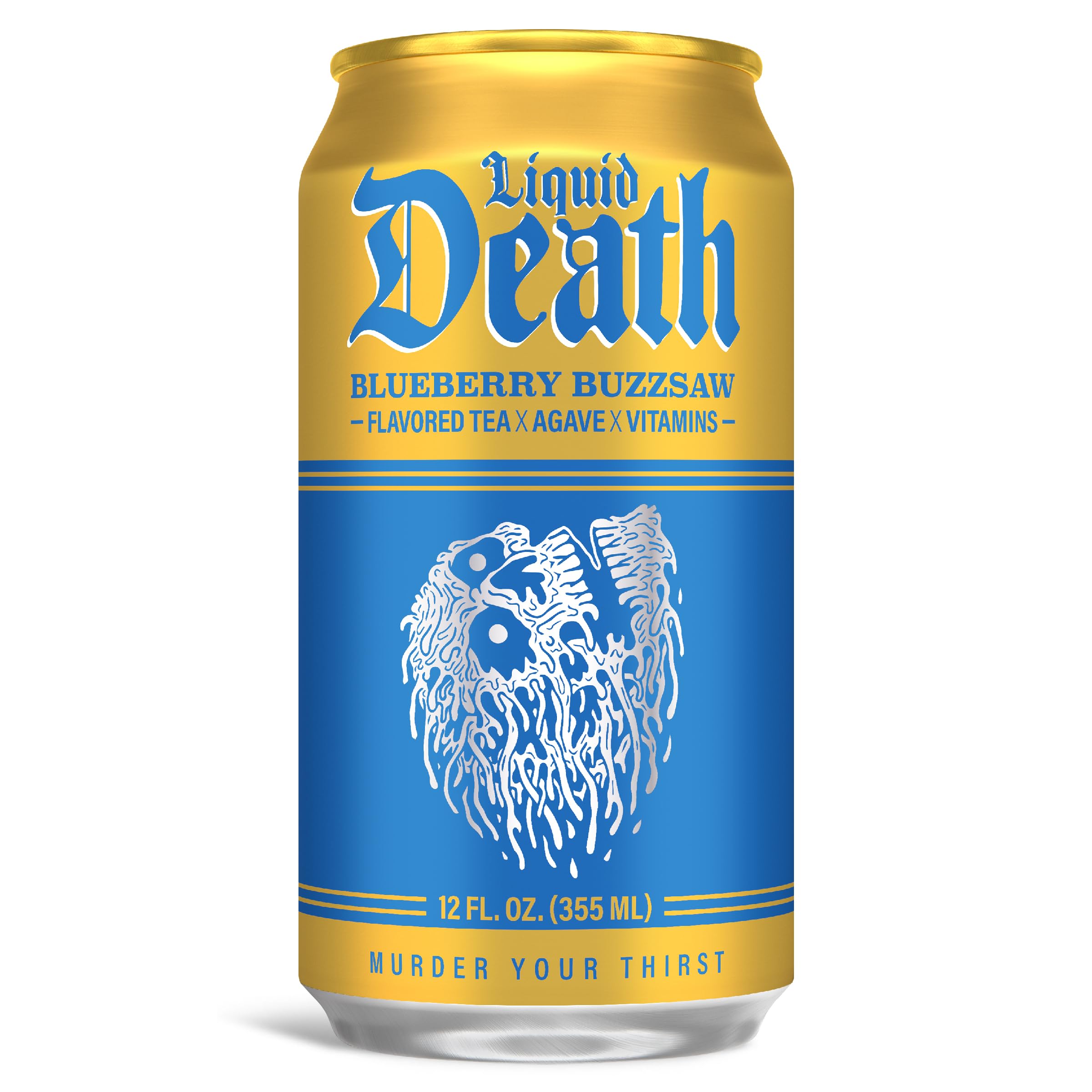 Liquid Death Blueberry Buzzsaw can in hand for on-the-go energy
