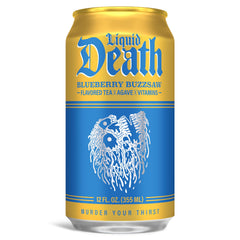Liquid Death Blueberry Buzzsaw can in hand for on-the-go energy